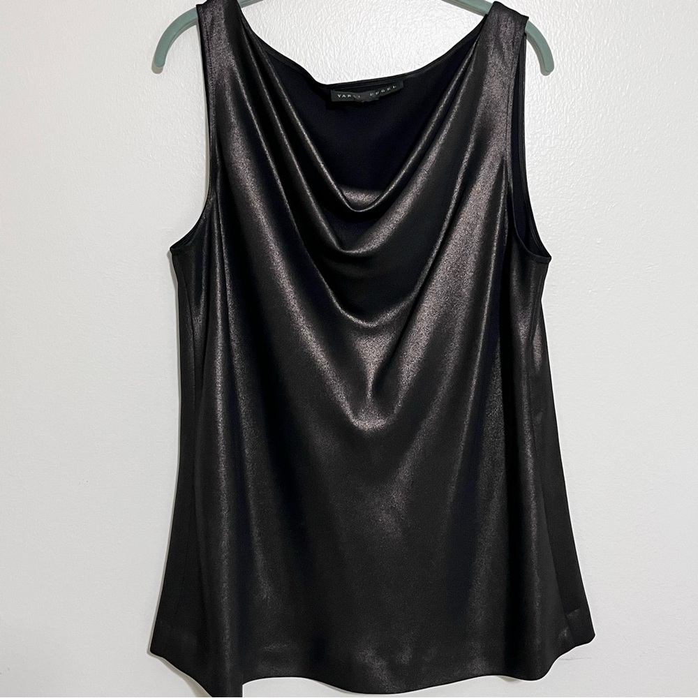 Yansi Fugel liquid silver/black drape cowl neck tank, Size XL